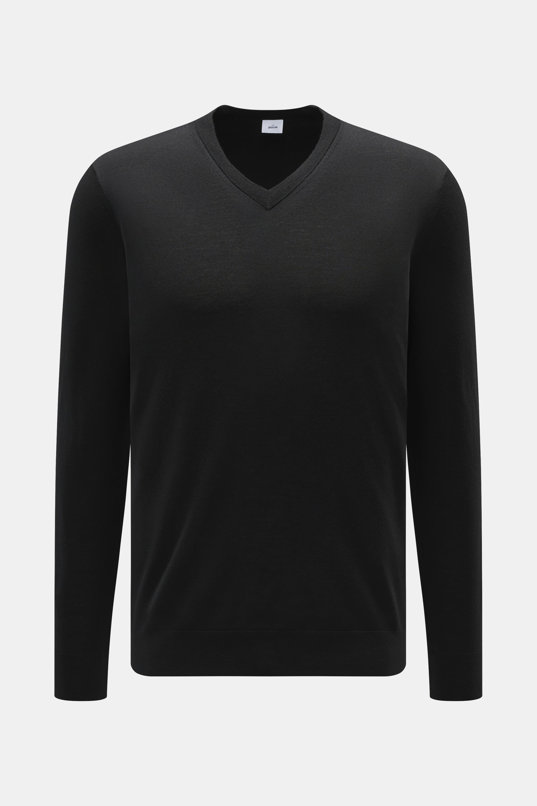 von Braun Merino Feinstrick V-Neck Pullover schwarz, frontale Nahaufnahme, feines Strickbild, V-Ausschnitt, Regular Fit, reine Merinowolle, weich, leicht, Rippbündchen