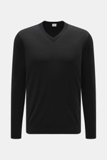von Braun Merino Feinstrick V-Neck Pullover schwarz, frontale Nahaufnahme, feines Strickbild, V-Ausschnitt, Regular Fit, reine Merinowolle, weich, leicht, Rippbündchen