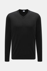 von Braun Merino Feinstrick V-Neck Pullover schwarz, frontale Nahaufnahme, feines Strickbild, V-Ausschnitt, Regular Fit, reine Merinowolle, weich, leicht, Rippbündchen