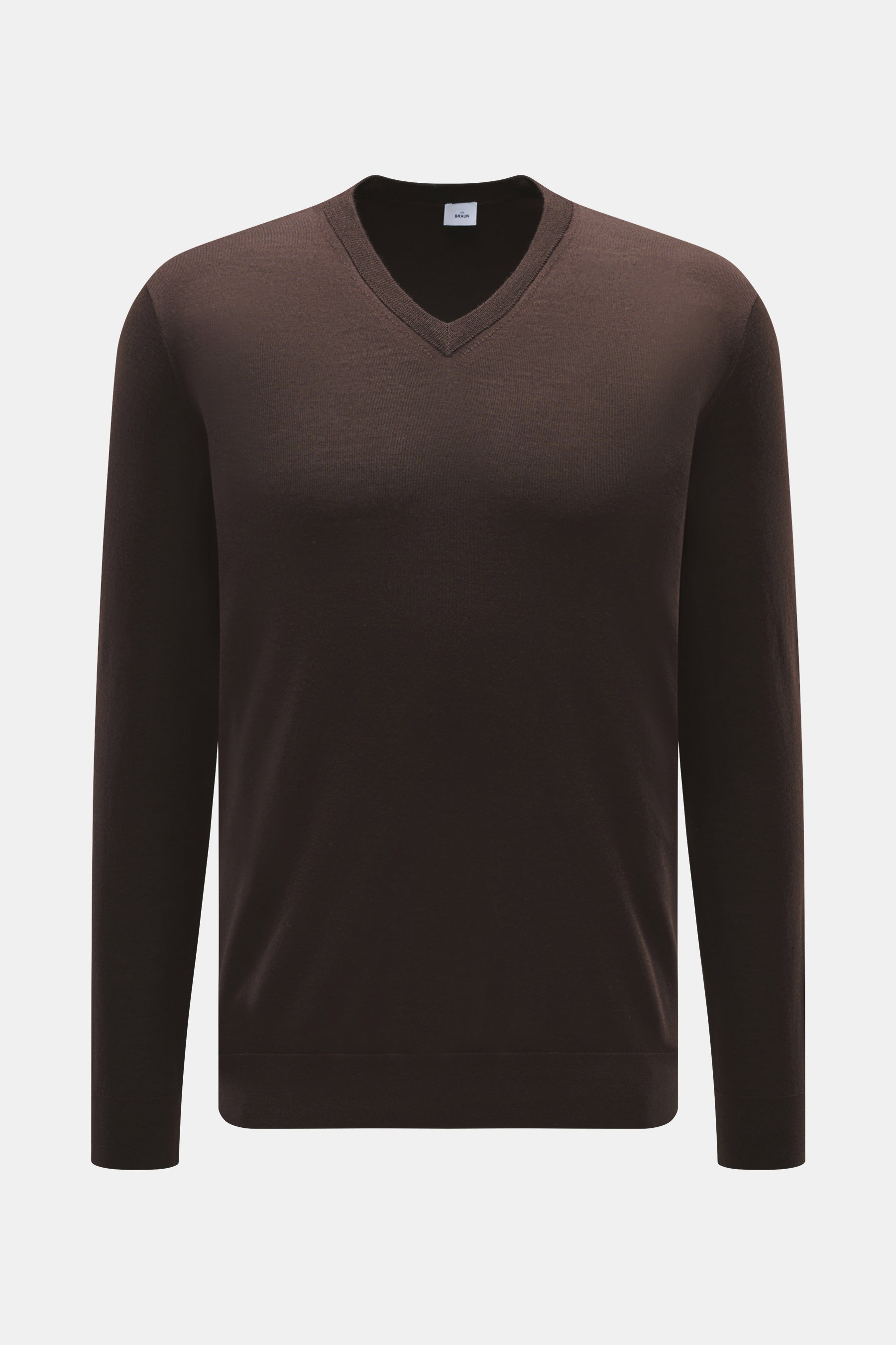 von Braun Merino Feinstrick V-Neck Pullover braun, frontale Nahaufnahme, reiner Merinowolle, feines Strickbild, Regular Fit, V-Ausschnitt, weicher Griff, leichte Qualität, flexible Rippbündchen.