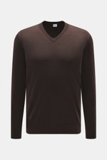 von Braun Merino Feinstrick V-Neck Pullover braun, frontale Nahaufnahme, reiner Merinowolle, feines Strickbild, Regular Fit, V-Ausschnitt, weicher Griff, leichte Qualität, flexible Rippbündchen.