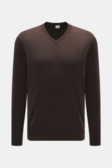 von Braun Merino Feinstrick V-Neck Pullover braun, frontale Nahaufnahme, reiner Merinowolle, feines Strickbild, Regular Fit, V-Ausschnitt, weicher Griff, leichte Qualität, flexible Rippbündchen.