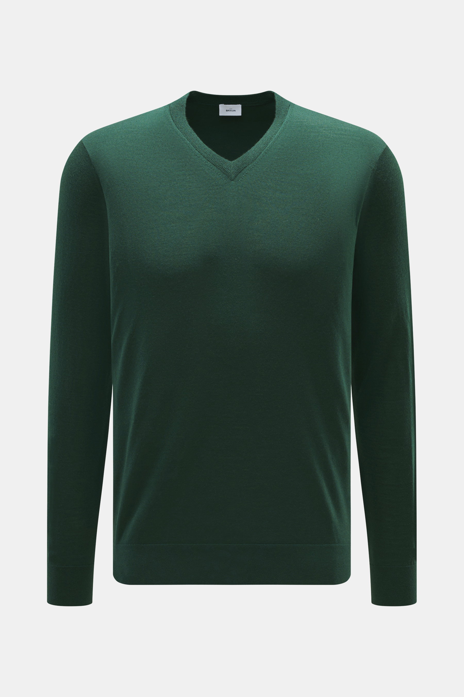 von Braun Merino Feinstrick V-Neck Pullover dunkelgrün aus reiner Merinowolle, feines Strickbild, Regular Fit, V-Ausschnitt, flexible Rippbündchen, Frontansicht