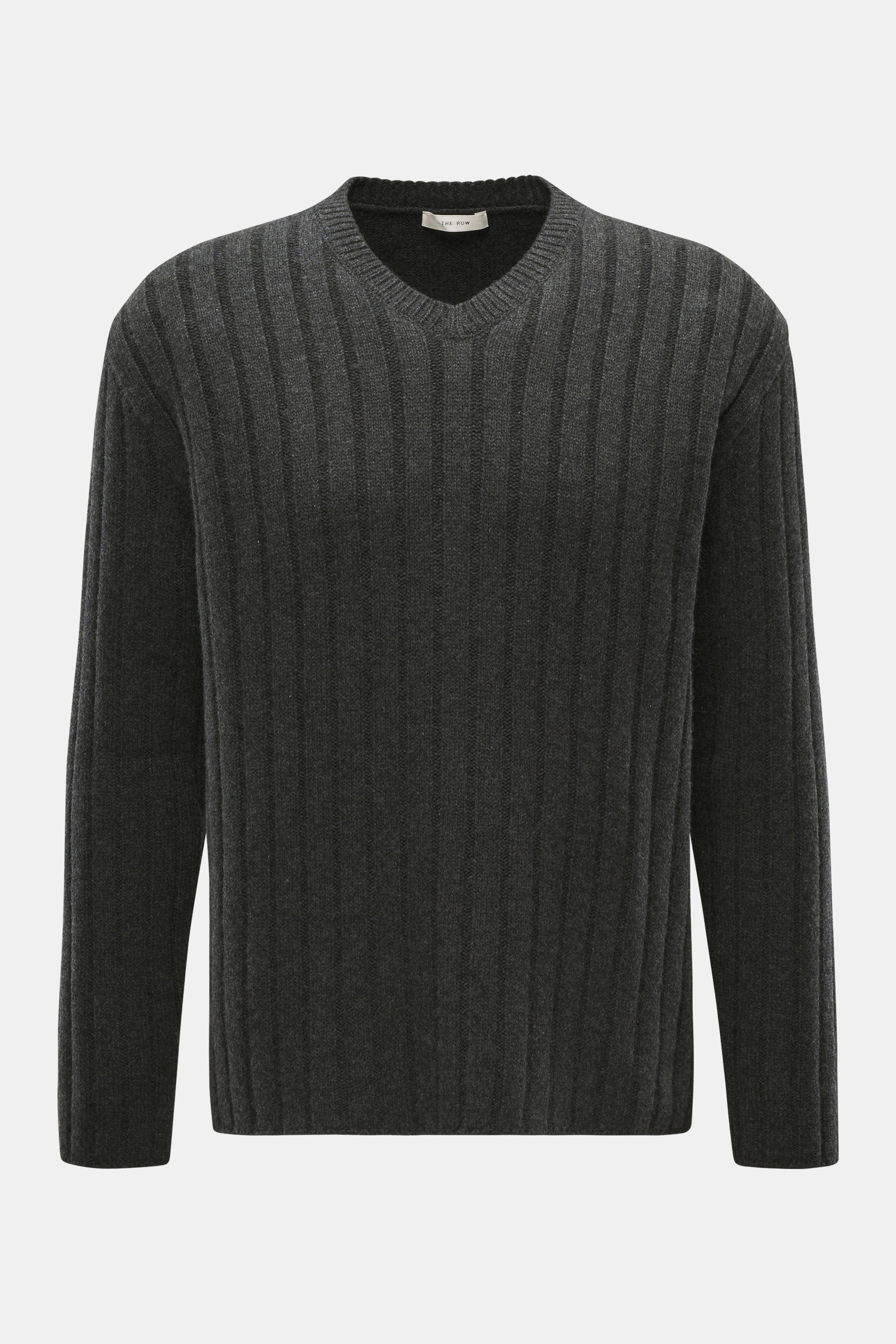 The Row Cashmere V-Neck Pullover 'Ettore' dunkelgrau meliert shown front view with broad rib knit, pure cashmere, soft touch, medium knit, regular fit, V-neck.