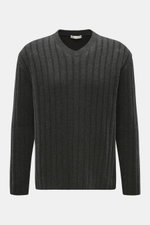 The Row Cashmere V-Neck Pullover 'Ettore' dunkelgrau meliert, frontal fotografiert, breitripp-strick, reiner Cashmere, weicher Griff, Regular Fit.