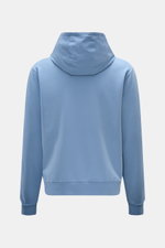 Rückansicht des 04651/ A trip in a bag Kapuzenpullovers 'IF Hoodie' rauchblau aus gebürstetem Jersey mit Kapuze und Rippbündchen.