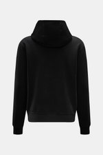 Rückansicht des schwarzen 04651/ A trip in a bag Kapuzenpullovers 'IF Hoodie' aus weichem, elastischem Jersey mit Kapuze und Rippbündchen.