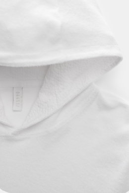 Alt text: "Close-up of 04651/ A trip in a bag Hooded jumper 'Beach Hoodie' white, showing soft terrycloth cotton with seersucker-lined hood.