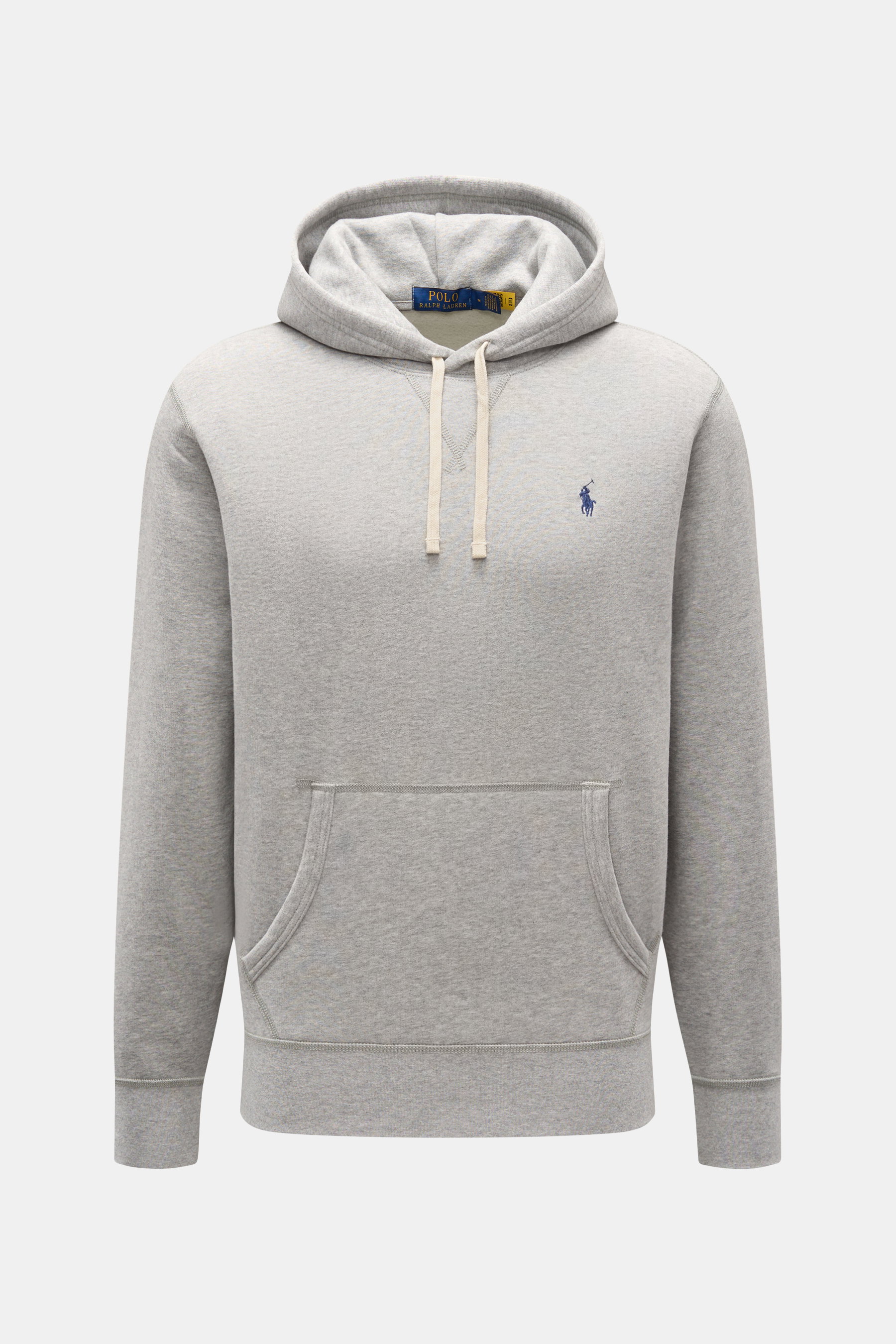 Polo Ralph Lauren Kapuzenpullover grau meliert, frontal fotografiert, Jersey aus Baumwolle und Microfaser, weicher Griff, Regular Fit, Kapuze mit Tunnelzug, Kängurutasche, Logo-Stick, angeraute Innenseite, elastische Bündchen.