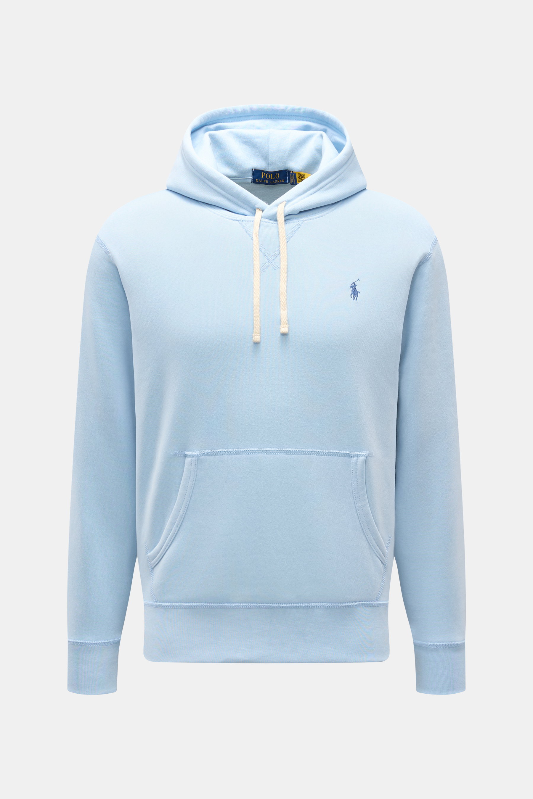 Polo Ralph Lauren Kapuzenpullover hellblau, frontal fotografiert, Sweat aus Baumwolle und Microfaser, weicher Griff, Regular Fit, Kapuze mit Tunnelzug, Kängurutasche, Logo-Stick, angeraute Innenseite, elastische Bündchen.