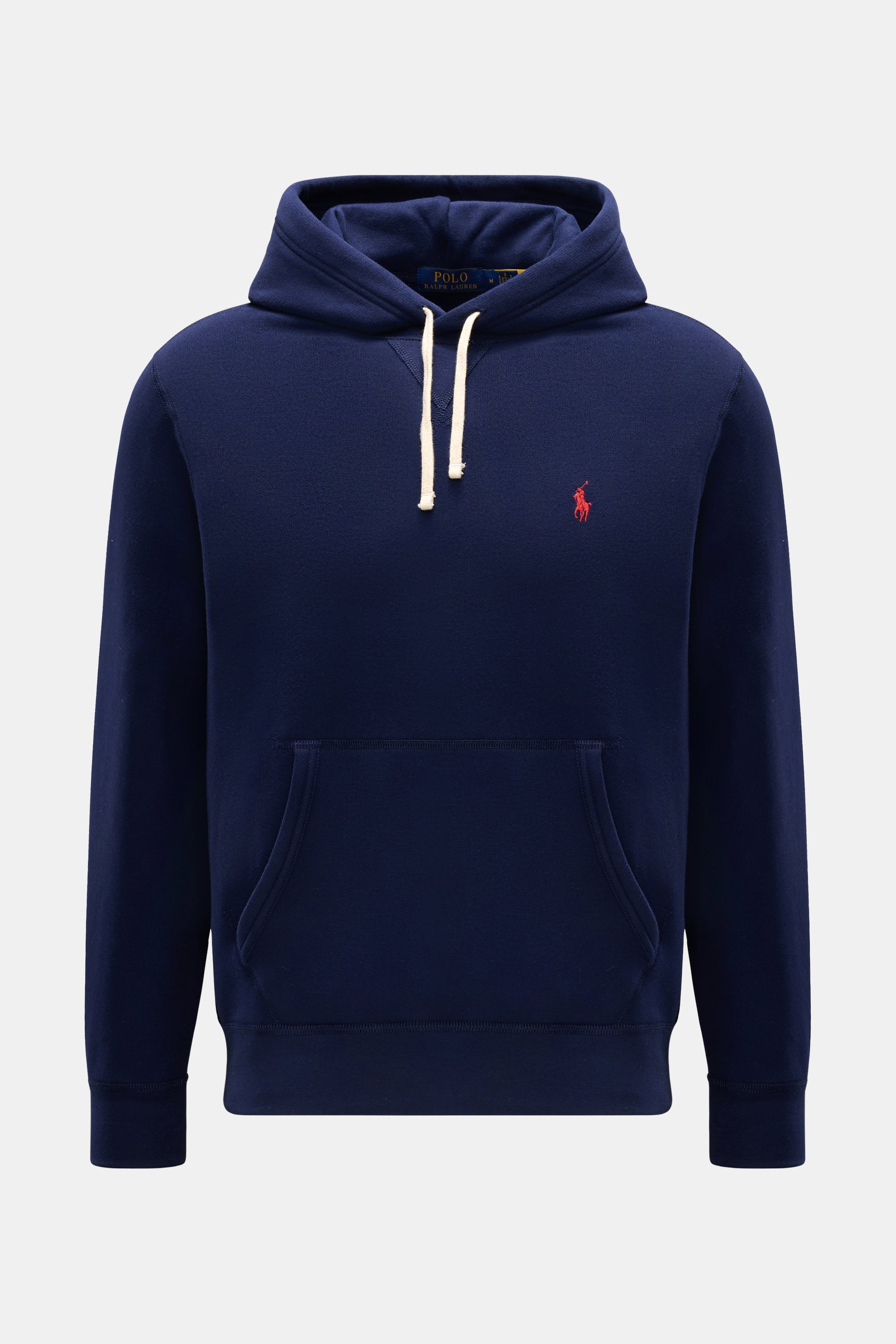 Polo Ralph Lauren Kapuzenpullover navy, frontal fotografiert, Jersey aus Baumwolle/Microfaser, weicher Griff, Regular Fit, Kapuze mit Tunnelzug, Kängurutasche, Logo-Stitching, angeraute Innenseite, breite Bündchen.