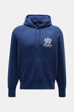 Polo Ralph Lauren Kapuzenpullover dunkelblau, frontal fotografiert, oversized Fit, Kapuze mit Tunnelzug, maritimer Logo-Print, Kängurutasche, weicher Griff.