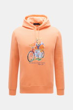 Polo Ralph Lauren Kapuzenpullover hellorange mit Polo-Bear-Print auf Bike, Kapuze mit Tunnelzug, weicher Griff, Regular Fit, Frontansicht.