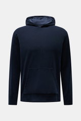 Front view of the 04651/ A trip in a bag Terry hooded jumper 'Terry' navy, made of soft pure cotton terrycloth with a practical hood and front pocket.

Additional description: 
<p>Comfort and coolness with summery nonchalance: The hooded jumper 'Terry' by