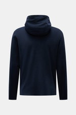 Rear view of the 04651/ A trip in a bag Terry hooded jumper 'Terry' navy made of pure cotton terrycloth with soft feel, regular fit, practical hood, and small woven label in side seam. Comfort and coolness with summery nonchalance: The hooded jumper 'Terr