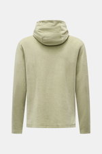 Back view of 04651/ A trip in a bag Terry hooded jumper 'Terry' sage in soft pure cotton terrycloth with hood, regular fit, and side seam label.