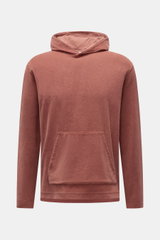 Front view of 04651/ A trip in a bag Terry hooded jumper 'Terry' rust brown, made of pure cotton terry with a soft feel, regular fit, practical hood, and small woven label in the side seam. Comfort and coolness with summery nonchalance: The hooded jumper 