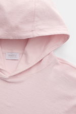 04651/ A trip in a bag Frottee-Kapuzenpullover 'Terry' rosé, Nahaufnahme von Kapuze und Label, Baumwoll-Frottee, Regular Fit, weich, lässig.