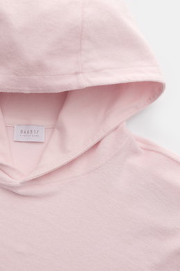 04651/ A trip in a bag Frottee-Kapuzenpullover 'Terry' rosé, Nahaufnahme von Kapuze und Label, Baumwoll-Frottee, Regular Fit, weich, lässig.