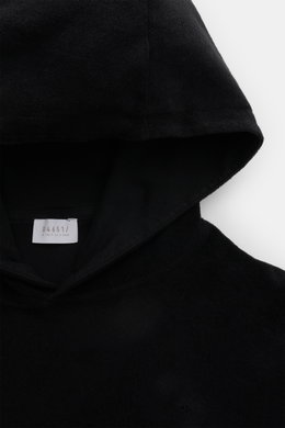 Schwarzer 04651/ A trip in a bag Frottee-Kapuzenpullover 'Terry' aus Baumwoll-Frottee, weicher Griff, Regular Fit, mit Kapuze, Nahaufnahme von oben.