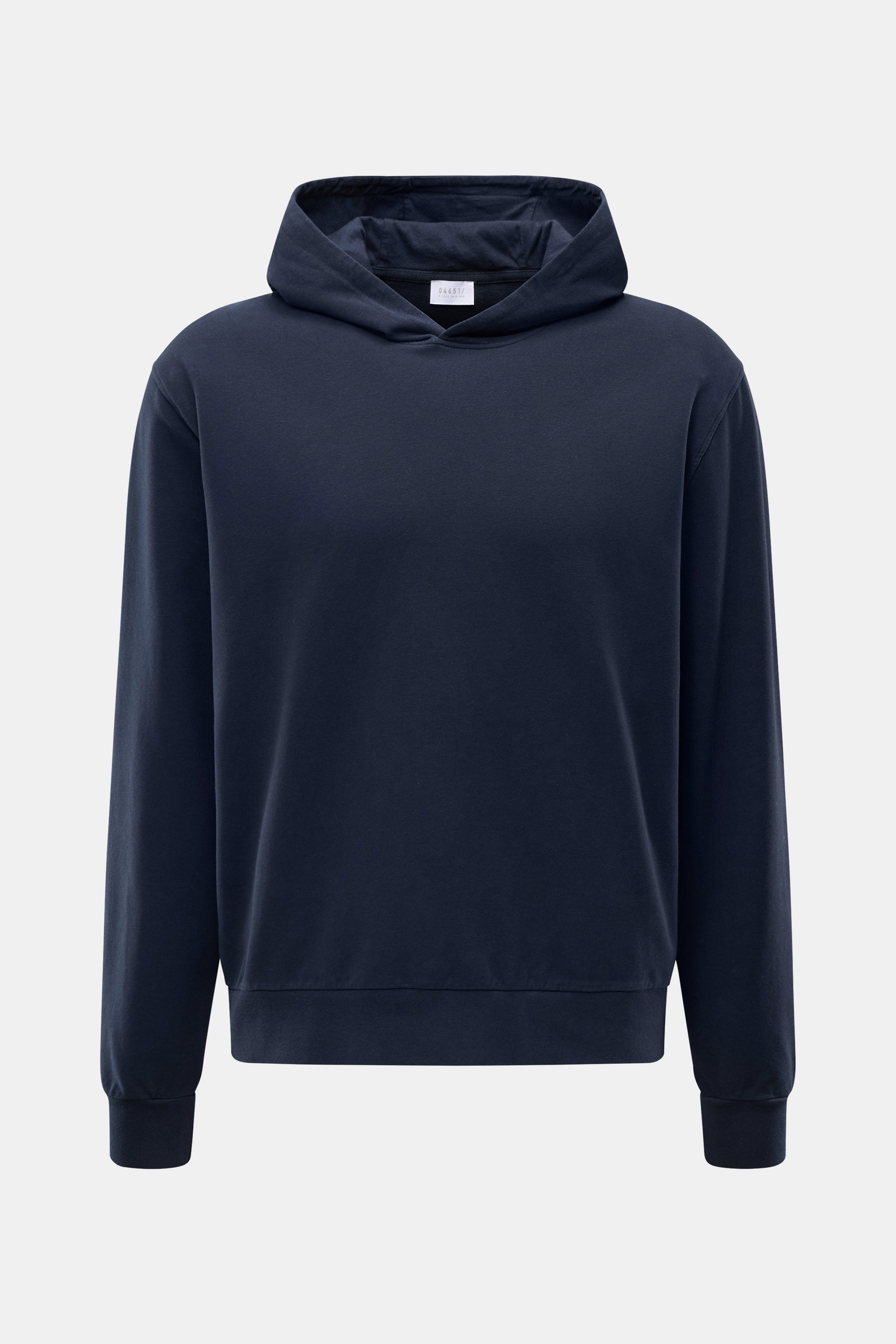 04651/ A trip in a bag Kapuzenpullover 'IF Hoodie' navy, frontale Ansicht, Regular Fit, Kapuze, Rippbündchen, weicher Jersey, Weblabel seitlich.