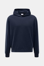 04651/ A trip in a bag Kapuzenpullover 'IF Hoodie' navy, frontale Ansicht, Regular Fit, Kapuze, Rippbündchen, weicher Jersey, Weblabel seitlich.