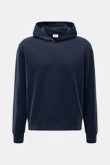 04651/ A trip in a bag Kapuzenpullover 'IF Hoodie' navy, frontale Ansicht, Regular Fit, Kapuze, Rippbündchen, weicher Jersey, Weblabel seitlich.