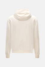 Rückansicht des 04651/ A trip in a bag Kapuzenpullover 'IF Hoodie' creme aus elastischer Baumwolle mit Kapuze, Rippbündchen und Weblabel.