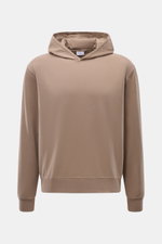 04651/ A trip in a bag Kapuzenpullover 'IF Hoodie' taupe, frontale Ansicht, aus weichem, elastischem Jersey mit Kapuze und Rippbündchen.