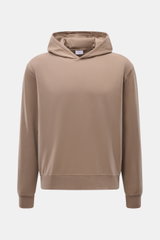 04651/ A trip in a bag Kapuzenpullover 'IF Hoodie' taupe, frontale Ansicht, aus weichem, elastischem Jersey mit Kapuze und Rippbündchen.