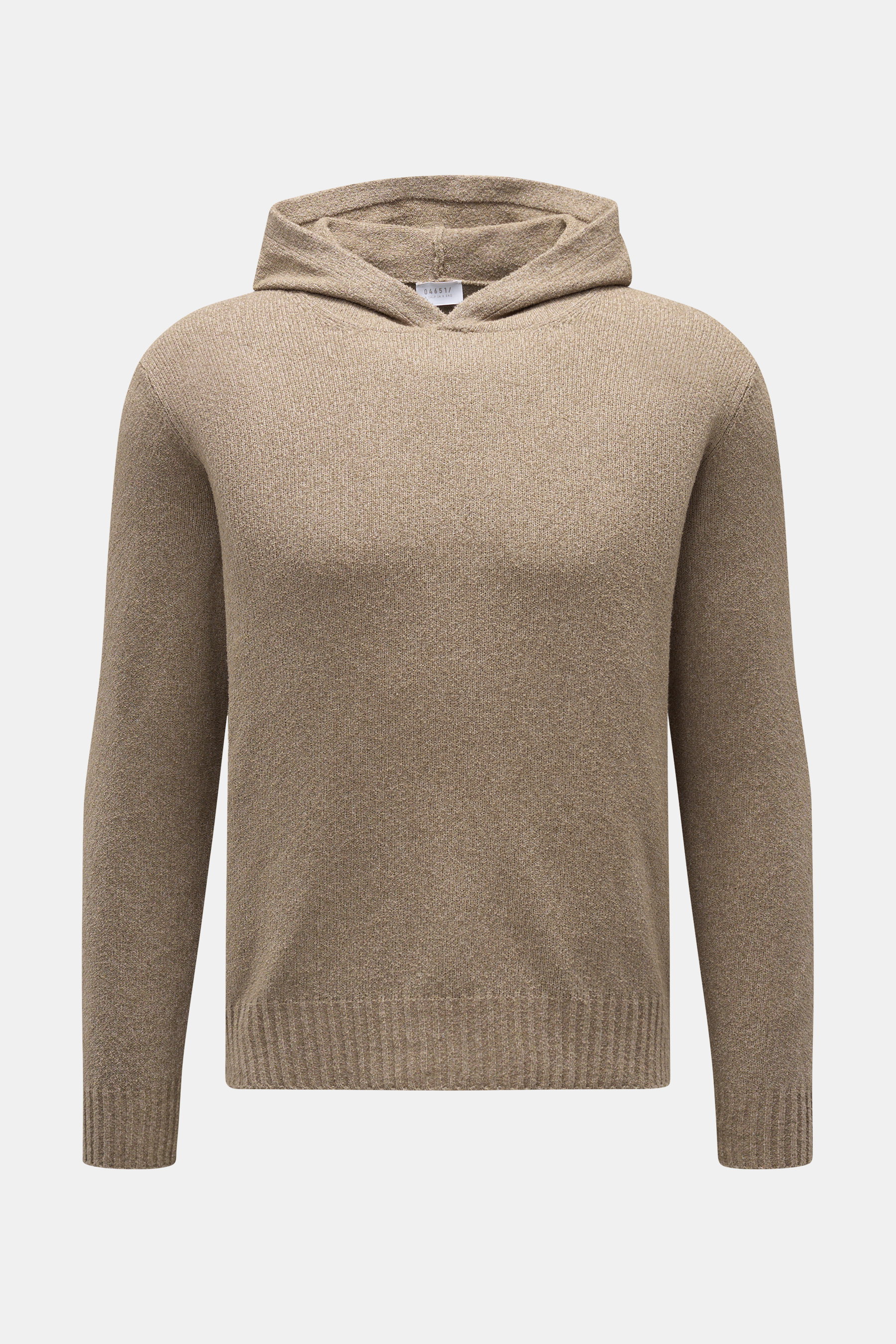 Frontale Nahaufnahme des 04651/ A trip in a bag Kapuzenpullover 'Knit Terry Hoodie' taupe meliert mit markanter Frottee-Optik, feiner Bouclé-Struktur, Slim Fit, Kapuze und flexiblen Rippbündchen aus Baumwolle und Microfaser.