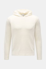 Front view of the 04651/ A trip in a bag Hooded jumper 'Knit Terry Hoodie' off-white, showing its fine bouclé texture, slim fit, practical hood, and flexible ribbed bands made of a cotton and microfibre blend with a slightly grainy feel.