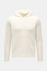 Front view of the 04651/ A trip in a bag Hooded jumper 'Knit Terry Hoodie' off-white, showing its fine bouclé texture, slim fit, practical hood, and flexible ribbed bands made of a cotton and microfibre blend with a slightly grainy feel.