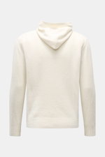 Rear view of the 04651/ A trip in a bag Hooded jumper 'Knit Terry Hoodie' off-white in slim fit with a practical hood, fine bouclé texture, and flexible ribbed bands. Distinctive terry look from a blend of cotton and microfiber with a slightly grainy feel