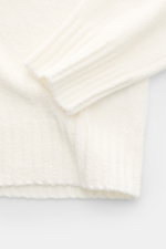 Close-up top-down view of the off-white 04651/ A trip in a bag Hooded jumper 'Knit Terry Hoodie' showing fine bouclé knit, ribbed cuffs, and hem.