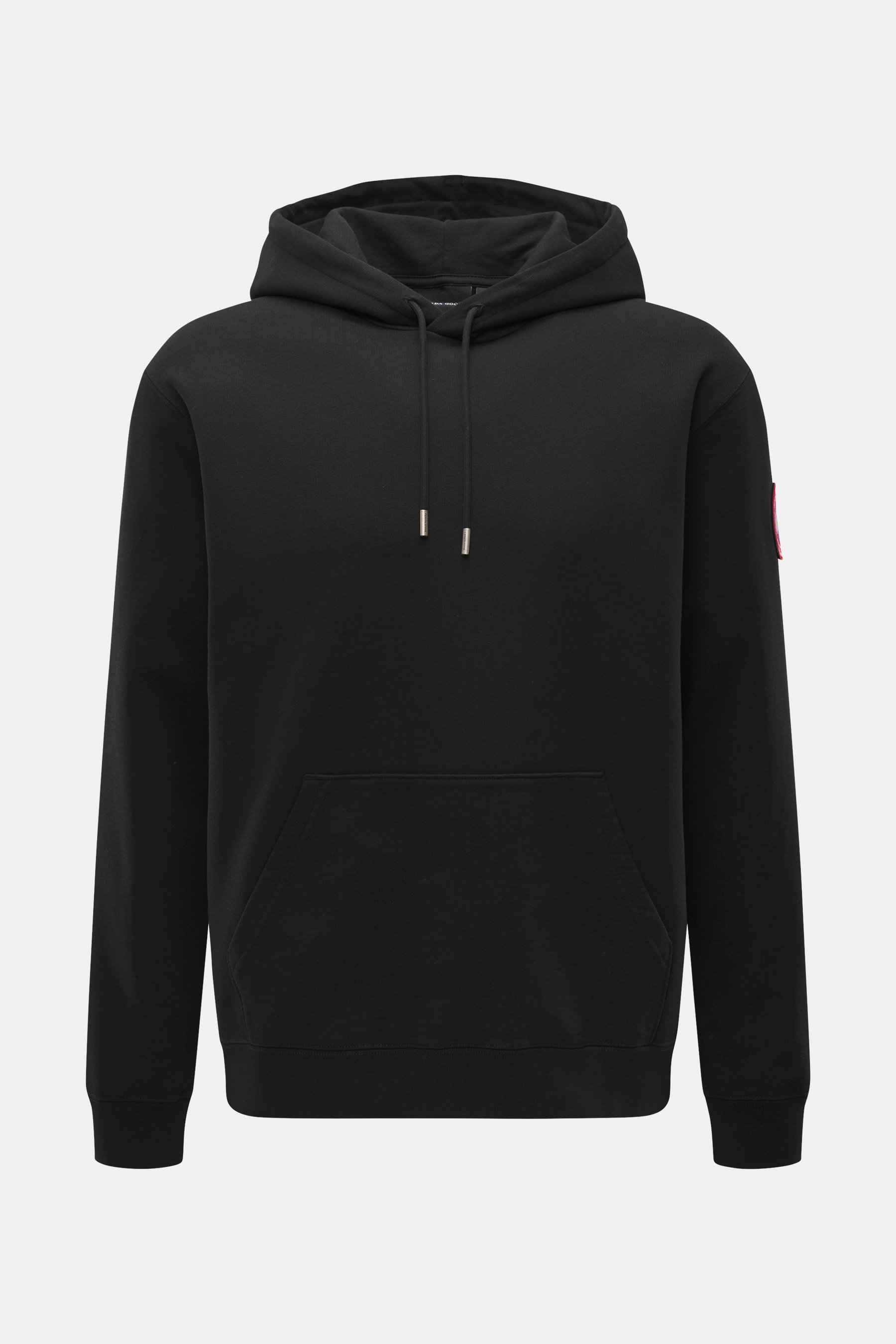 Canada Goose Kapuzenpullover 'Loon' schwarz, frontal fotografiert, mit Kapuze, Tunnelzug, Kängurutasche, Weblabel am Arm, aus weichem Baumwoll-Sweat, Regular Fit.