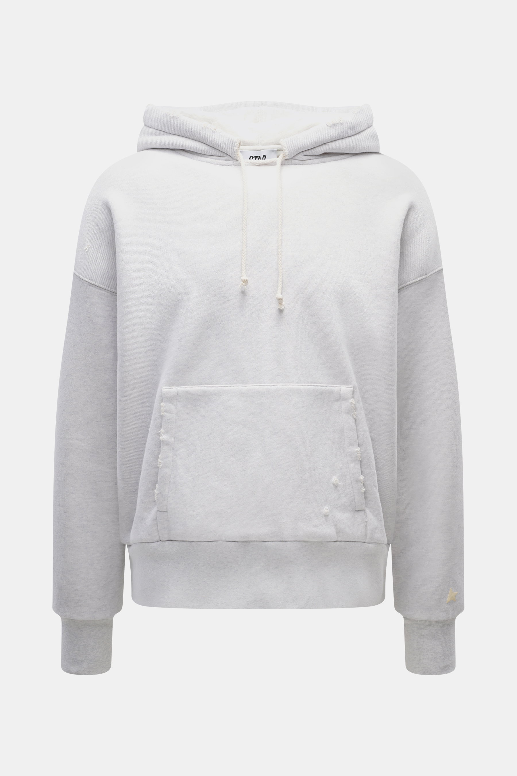 Golden Goose Kapuzenpullover hellgrau meliert, frontale Nahaufnahme, reine Baumwolle, weicher Griff, Oversized Fit, Kapuze mit Tunnelzug, Kängurutasche, Rippbündchen, Distressed-Effekte.