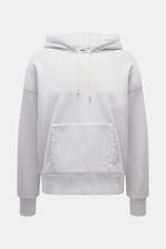 Golden Goose Kapuzenpullover hellgrau meliert, frontale Nahaufnahme, reine Baumwolle, weicher Griff, Oversized Fit, Kapuze mit Tunnelzug, Kängurutasche, Rippbündchen, Distressed-Effekte.