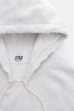 Golden Goose Kapuzenpullover hellgrau meliert, Nahaufnahme von oben, reine Baumwolle, weicher Griff, Oversized Fit, Kapuze mit Tunnelzug, Kängurutasche.