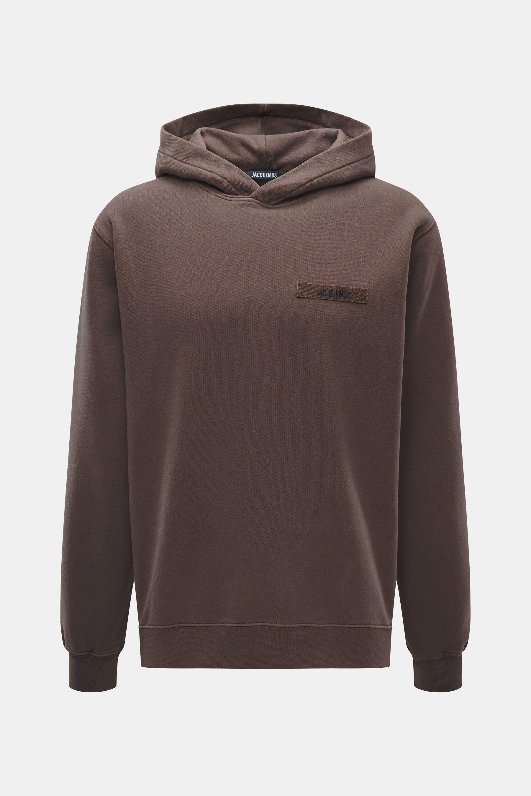 Jacquemus Kapuzenpullover 'Gros Grain' graubraun von vorne, Sweat aus reiner Baumwolle, schwere Qualität, softe Innenseite, Regular Fit, Kapuze, Logo-Stitching, Rippbündchen.
