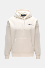 Polo Ralph Lauren Kapuzenpullover weiß, frontal fotografiert, Relaxed Fit, weicher Baumwoll-Microfaser-Sweat, Kängurutasche, Rippbündchen, dezentes Logo-Stitching.