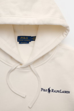 Polo Ralph Lauren Kapuzenpullover weiß, Nahaufnahme von oben, weicher Baumwoll-Microfaser-Sweat mit Relaxed Fit, Kängurutasche, Rippbündchen und Logo-Stitching.