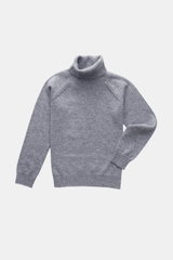von oben fotografierter von Braun Kinder Cashmere Rollkragenpullover grau mit Raglanärmeln, anliegendem Rollkragen, weichem Griff und Rippbündchen, aus reinem Cashmere