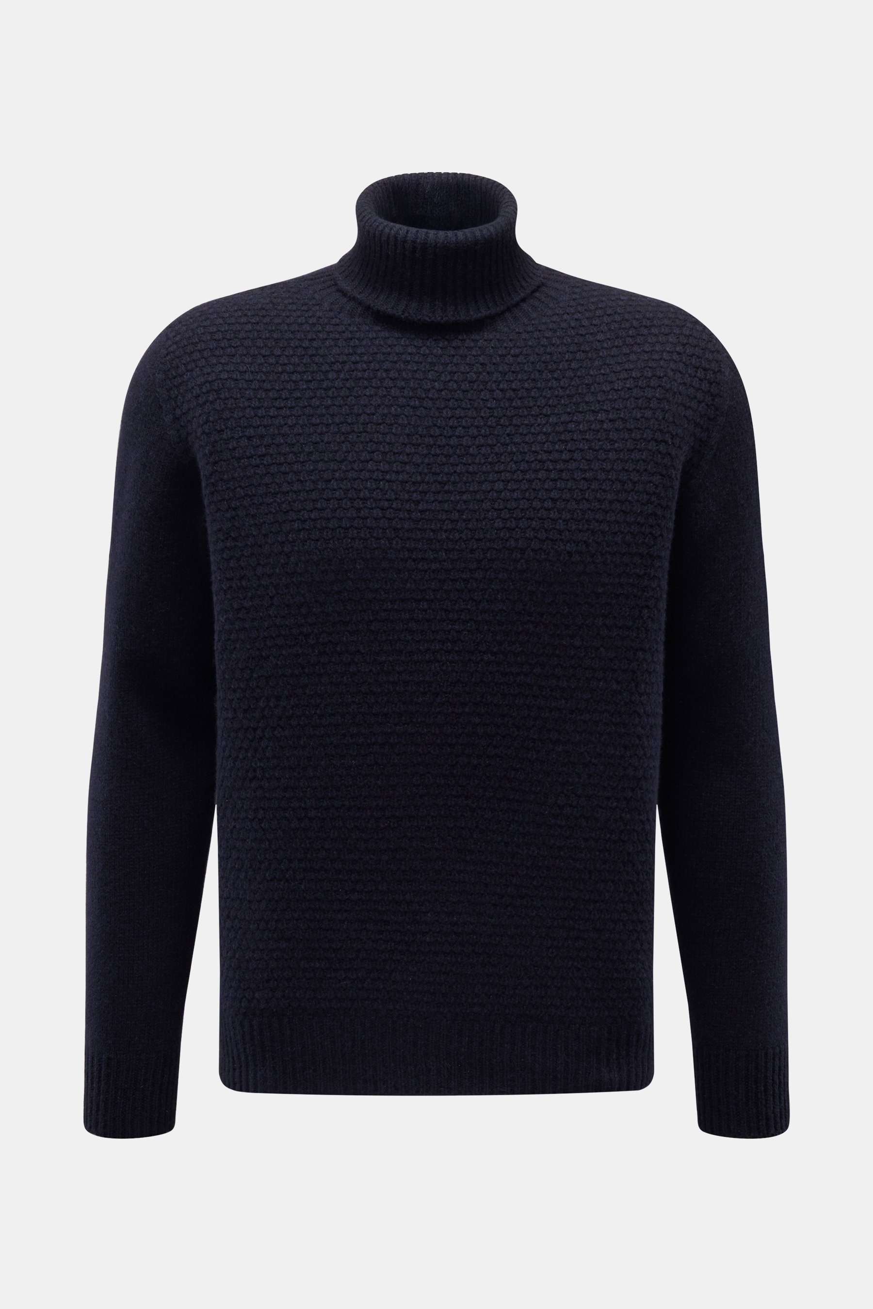 Front view of the 04651/ A trip in a bag Cashmere Rollkragenpullover grau, a slim fit turtleneck sweater in dark gray with reiner Cashmere, weicher Griff, hochwertige Fully-Fashioned-Machart, Strukturstrick on the front, Rollkragen in Rippstrick, and elas