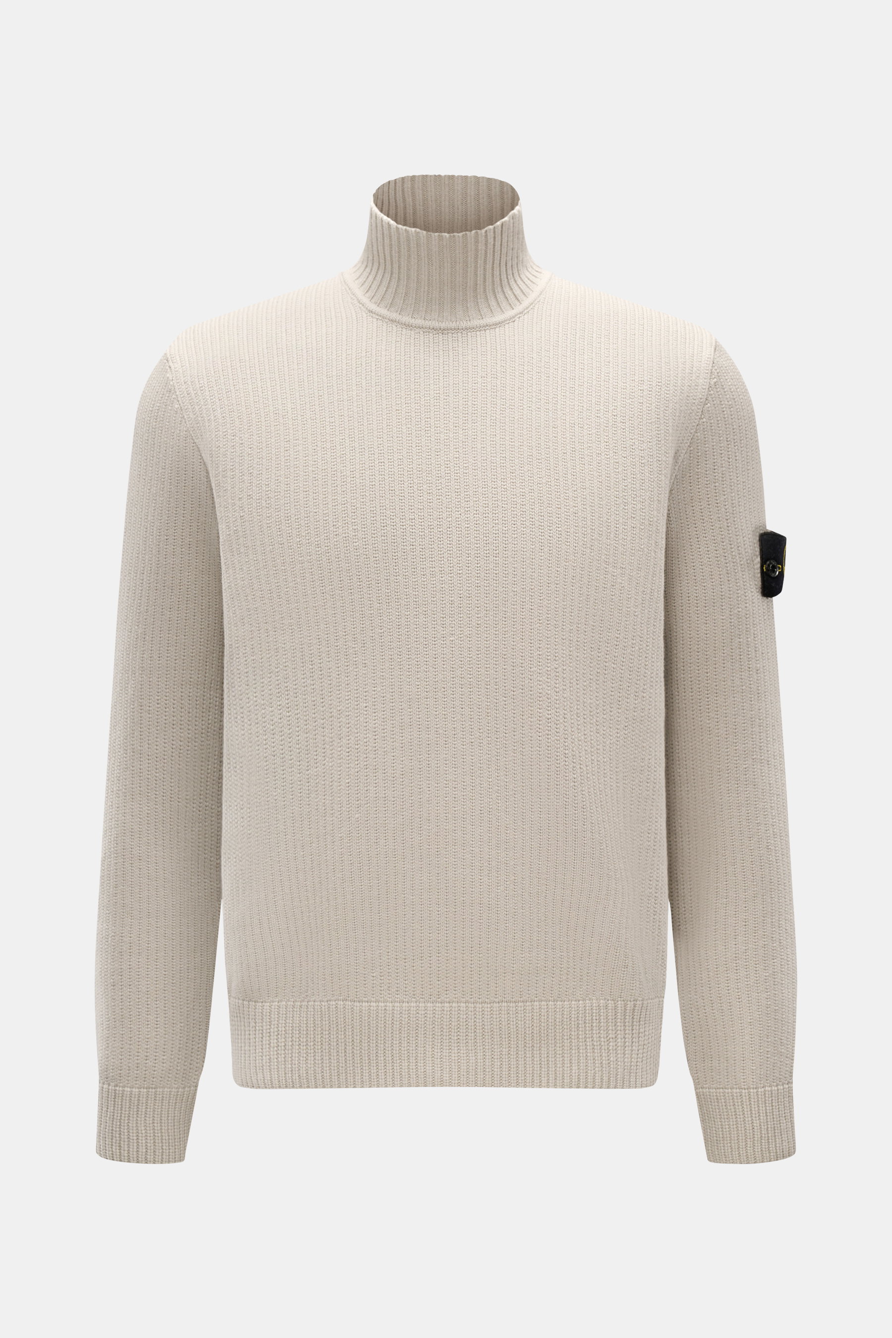 Stone Island Pullover hellgrau mit Stehkragen, Slim Fit und Kompass-Badge am Ärmel, frontale Ansicht, Baumwoll-Microfaser-Strick.