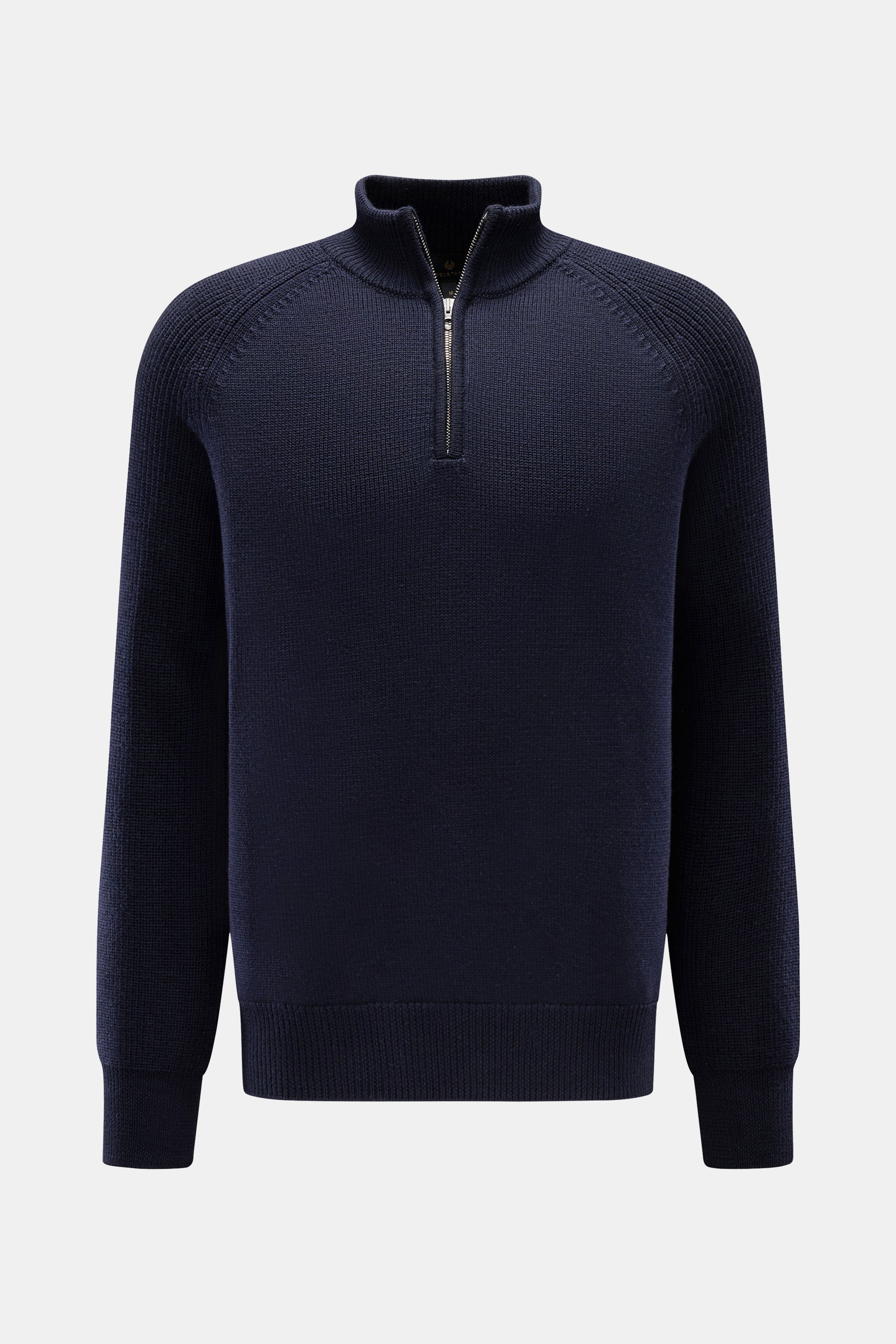Belstaff Troyer 'Aspect Quarter Zip' navy, frontale Ansicht, aus extrafeiner Wolle, mit Troyer-Kragen, Reißverschluss, Rippbündchen, Regular Fit, weicher Griff.
