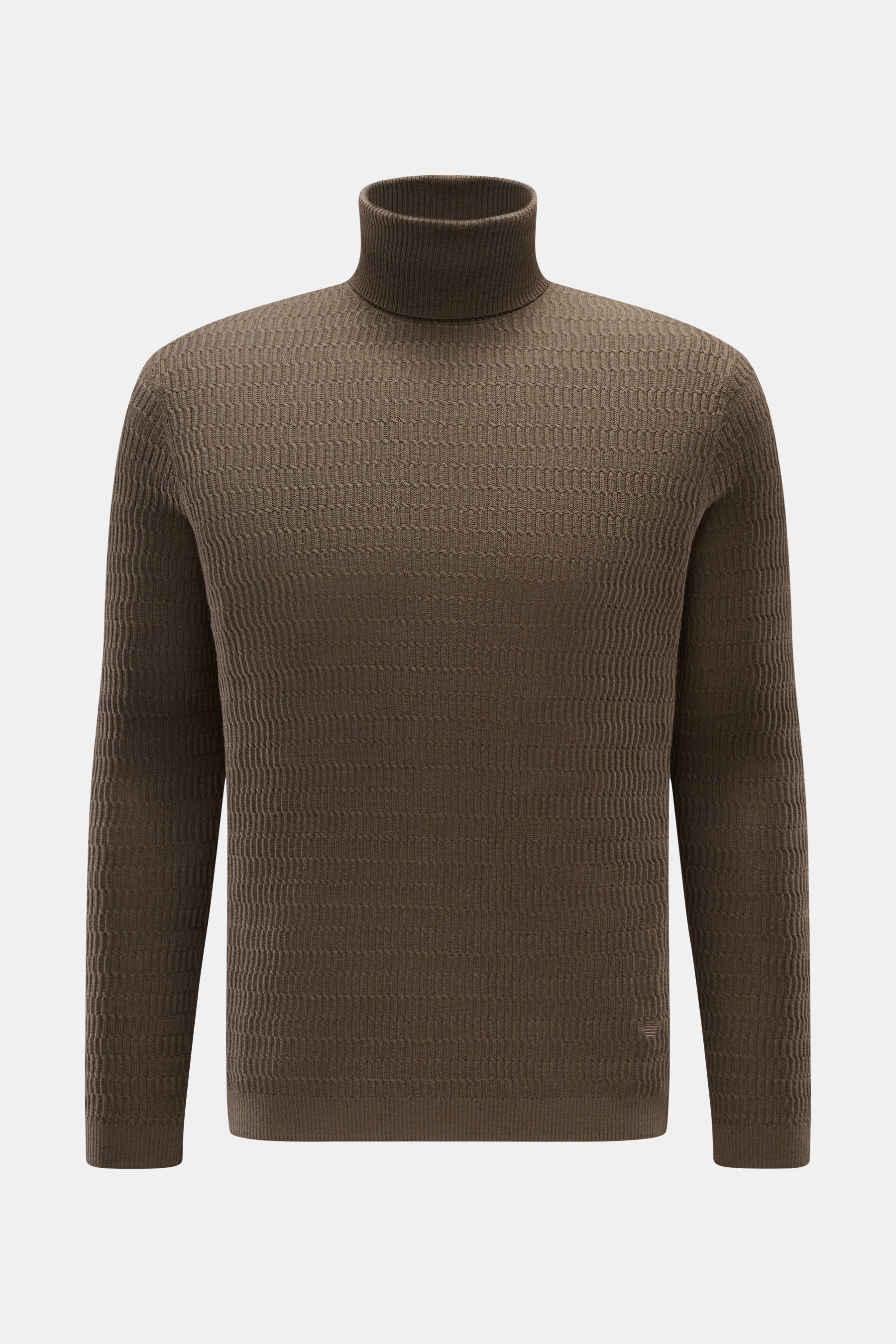 Emporio Armani Rollkragenpullover graubraun, frontale Ansicht, Feinstrick mit markantem Struktur-Muster, Slim Fit, weiche Wolle mit Microfaser, elastisch, tonales Stitching.
