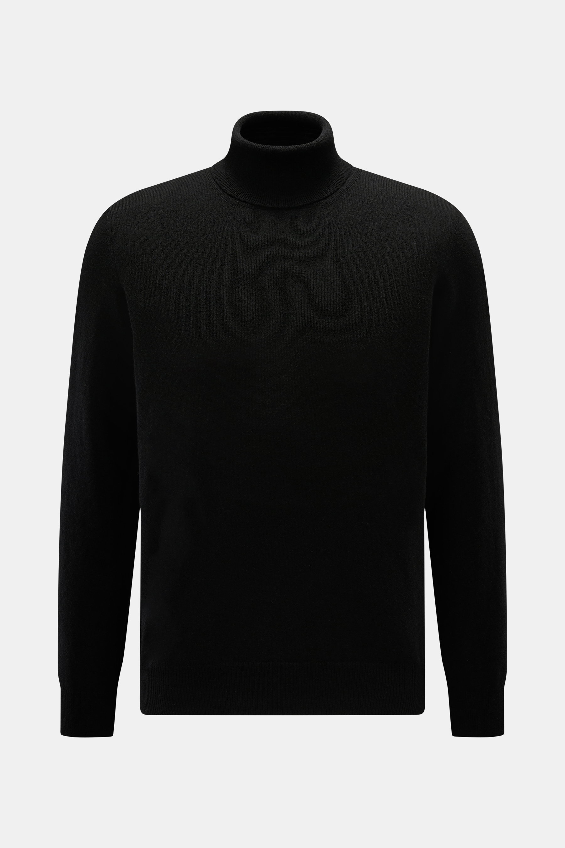 Schwarzer BRAUN Hamburg Rollkragenpullover in Slim Fit, frontal fotografiert, aus weichem Schurwoll-Cashmere-Viskose-Mix mit feinem Strickbild.