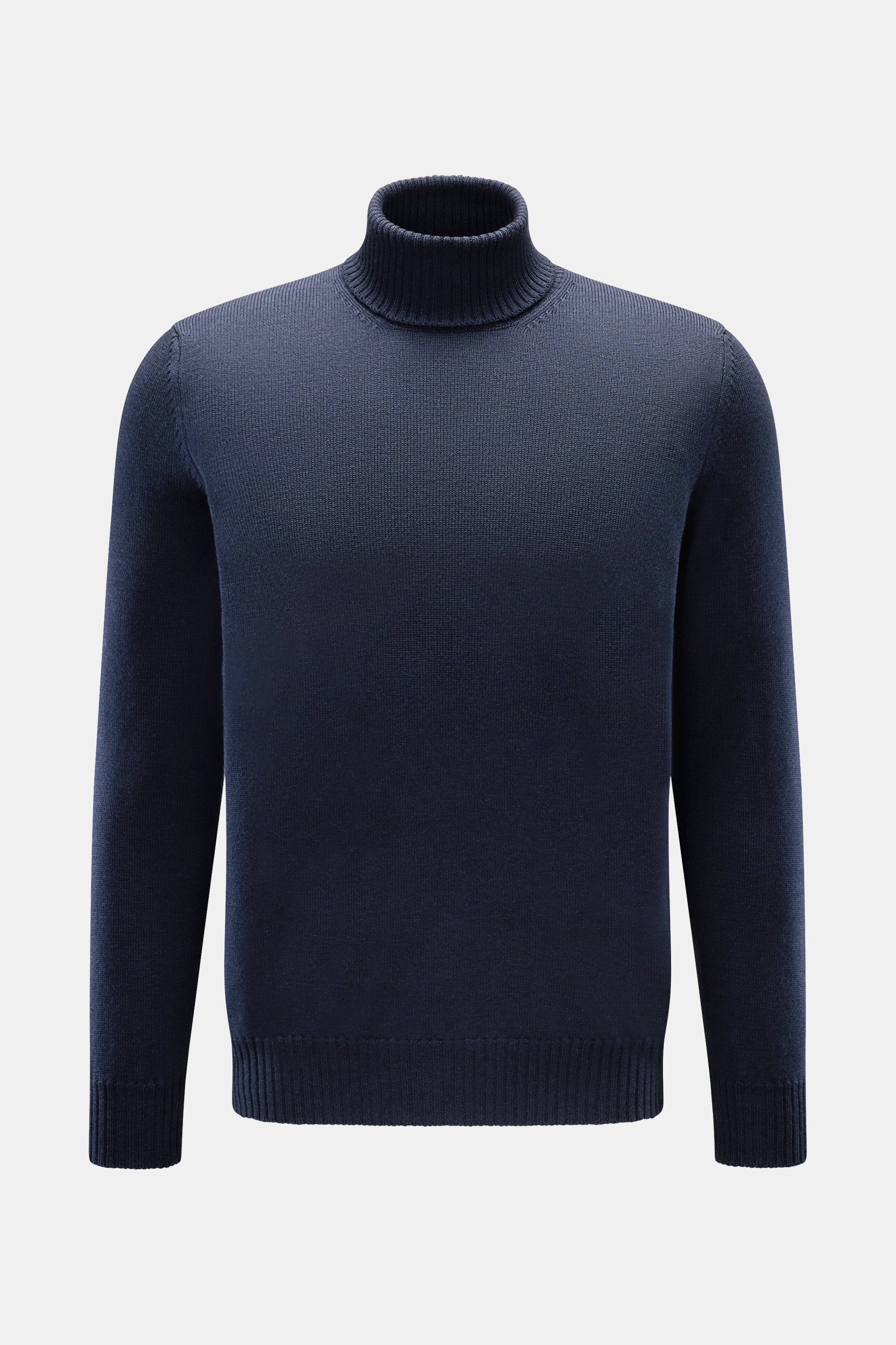 Gran Sasso Rollkragenpullover navy, frontale Ansicht, Slim Fit, aus reiner Schurwolle, weicher Griff, schwere Strickqualität, anliegender Rollkragen, Rippbündchen.