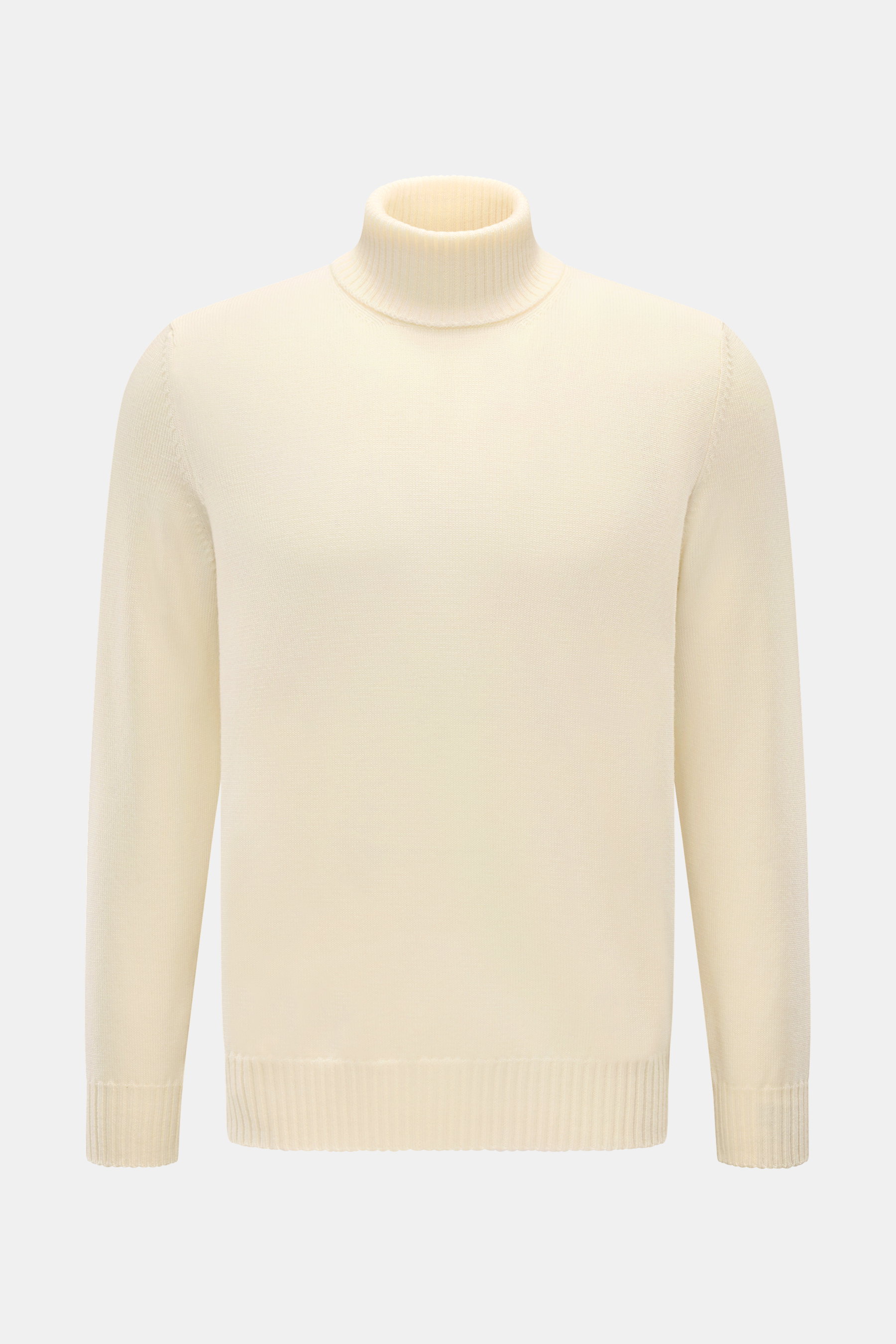 Gran Sasso Rollkragenpullover creme aus reiner Schurwolle, Slim Fit, mittelfeines Strickbild, anliegender Rollkragen, Rippbündchen, frontale Ansicht.